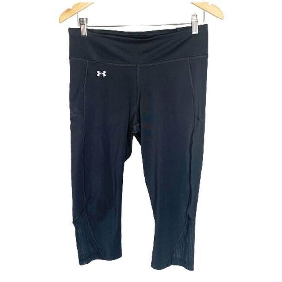 UNDER ARMOUR M Athletic Pants Black Mesh Panel Zip Pocket Workout Yoga Crop - Picture 1 of 10